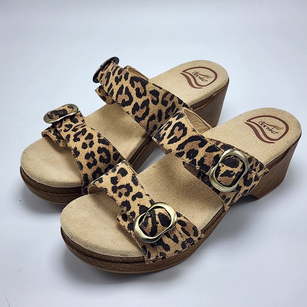 Dansko Leopard Print Leather Slide Sandals Womens 37 Wedge Buckle Size 6.5 - Picture 2 of 13